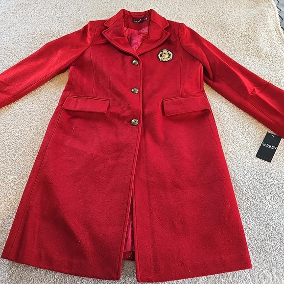Lauren Ralph Lauren Long Red Wool Blend Button-Up Coat With Crest Patch Size 12 - Picture 12 of 16